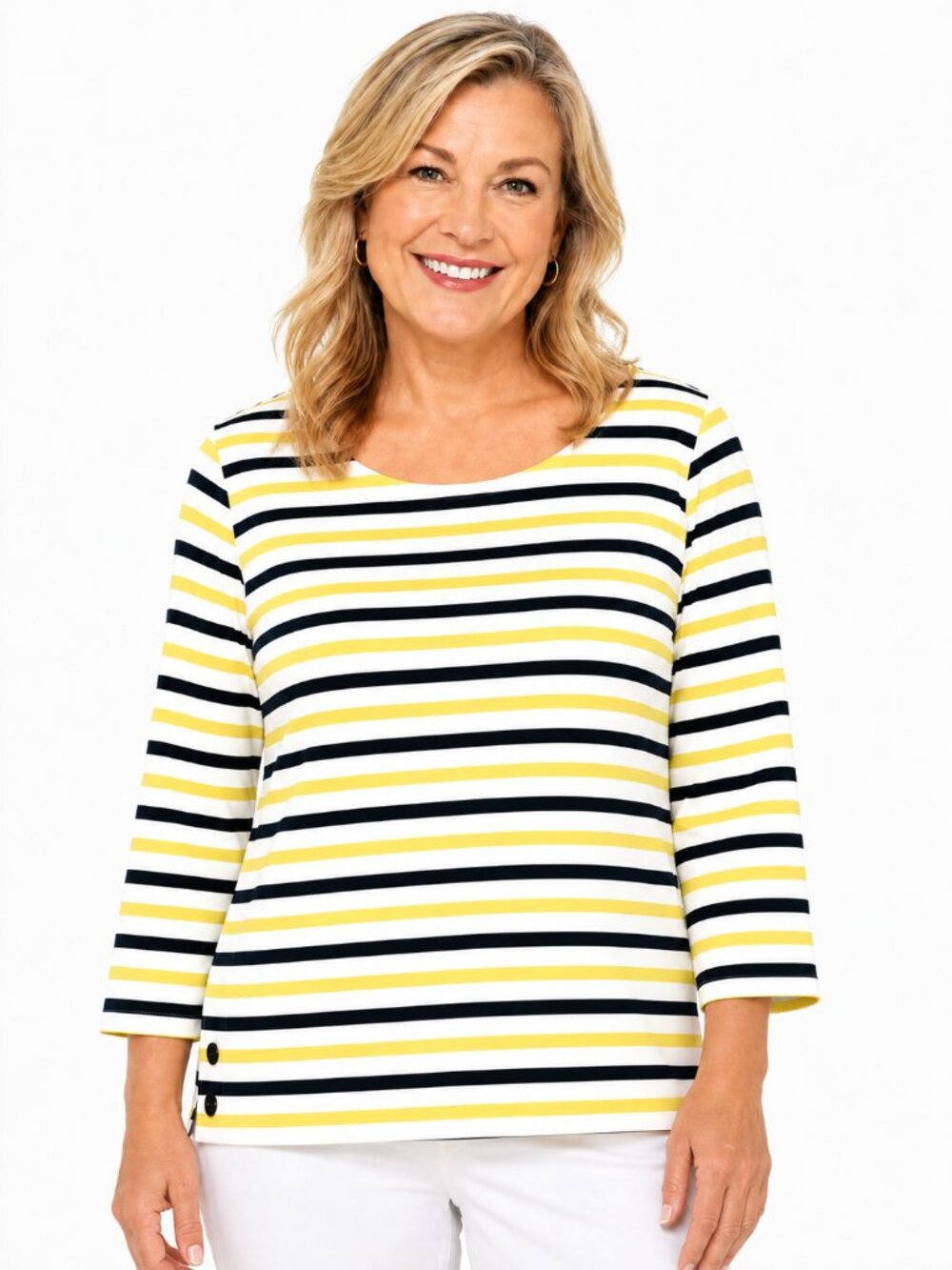 Talbots Plus Woman 2X Yellow, White & Navy Striped Cotton Top – Like New